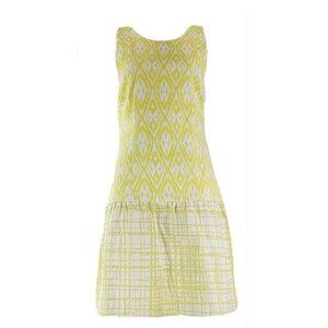 W118 Sz L Yellow White Aqua Zipper Cotton Blend Lined Mixed Pattern Dress